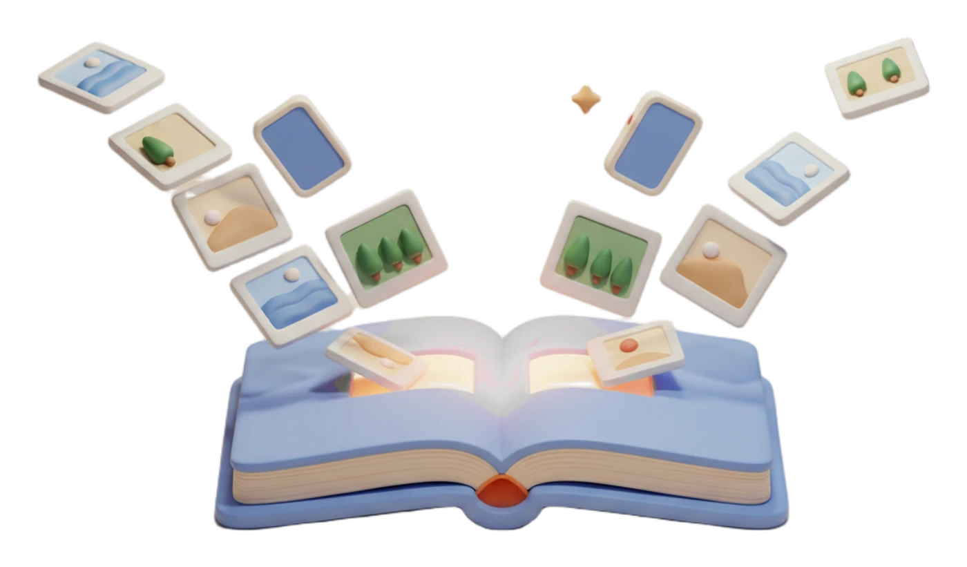 Clay illustration of an open photo album with two streams of small photo cards, and a phone travelling in each stream, pouring down into its pages.