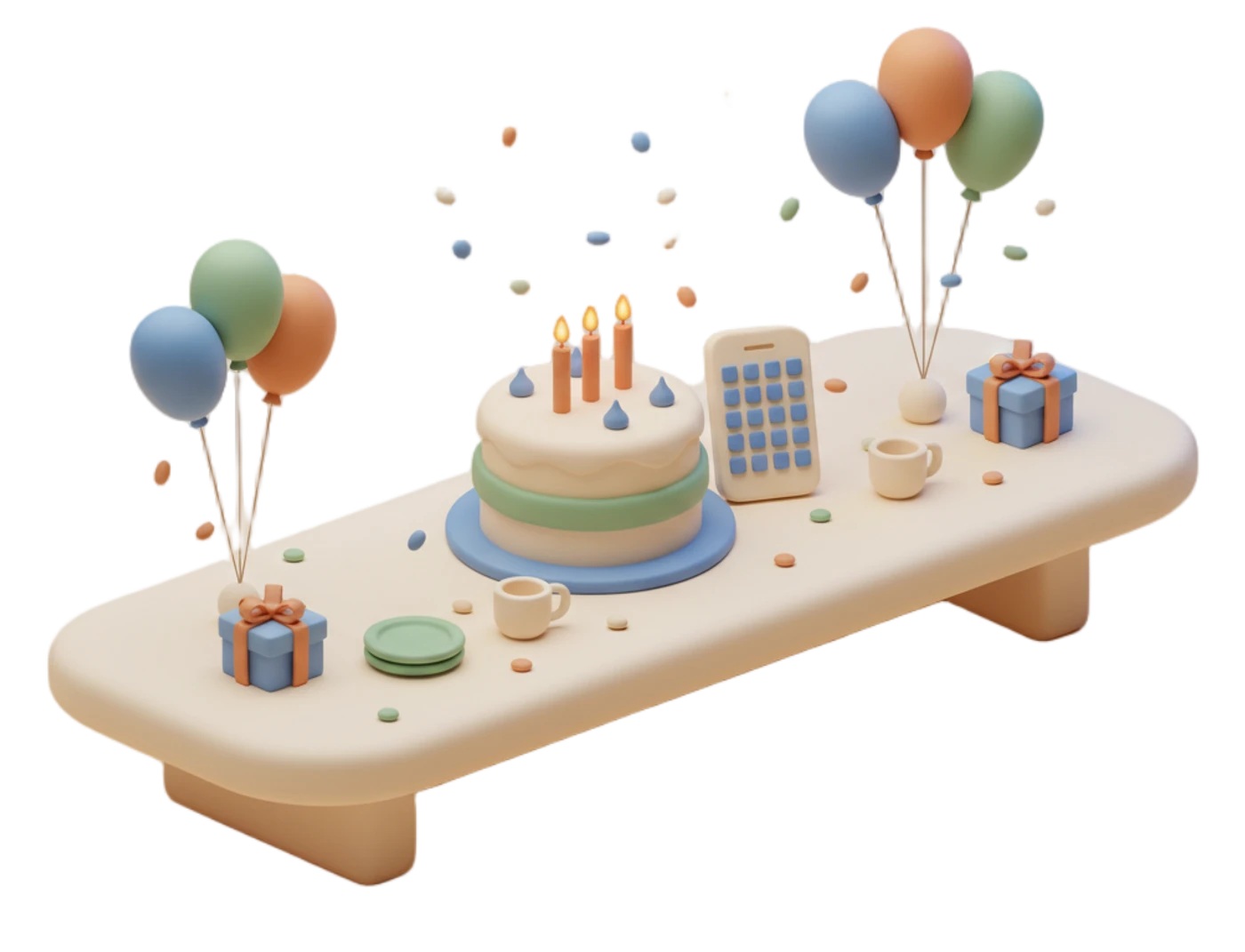 A soft clay illustration of a party table: a cake with lit candles, a phone propped against it showing a grid of small squares, plates, cups and wrapped gifts, with balloons and confetti drifting above.