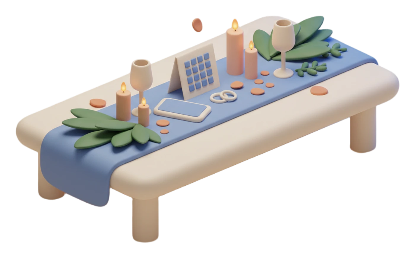 Clay illustration of a reception table: a folded place card with an abstract pattern of squares on it, a phone lying beside it, candles, wine glasses, greenery and scattered petals.